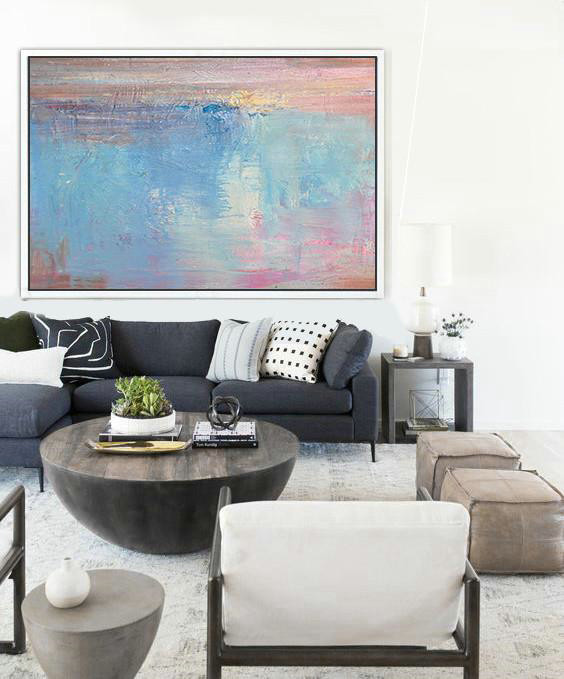 Huge Wall Decor,Oversized Horizontal Contemporary Art,Modern Art,Sky Blue,Pink,White.etc